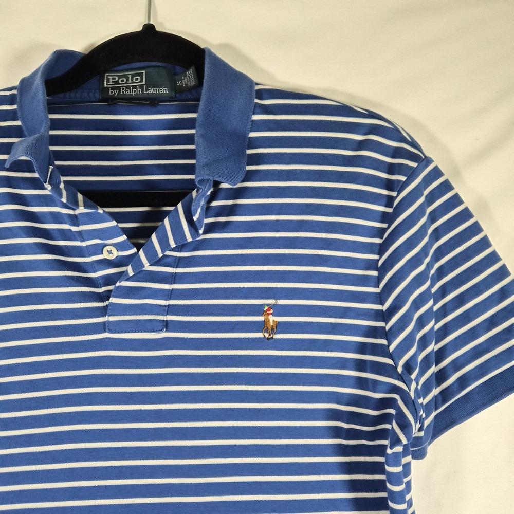 Polo Ralph Lauren Men's Small Blue White Striped Polo Shirt Custom Fit Pony Logo